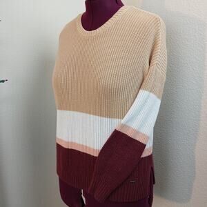 Hollister Color Block Stripe Sweater M ribbed knit crew tan burgundy white pink